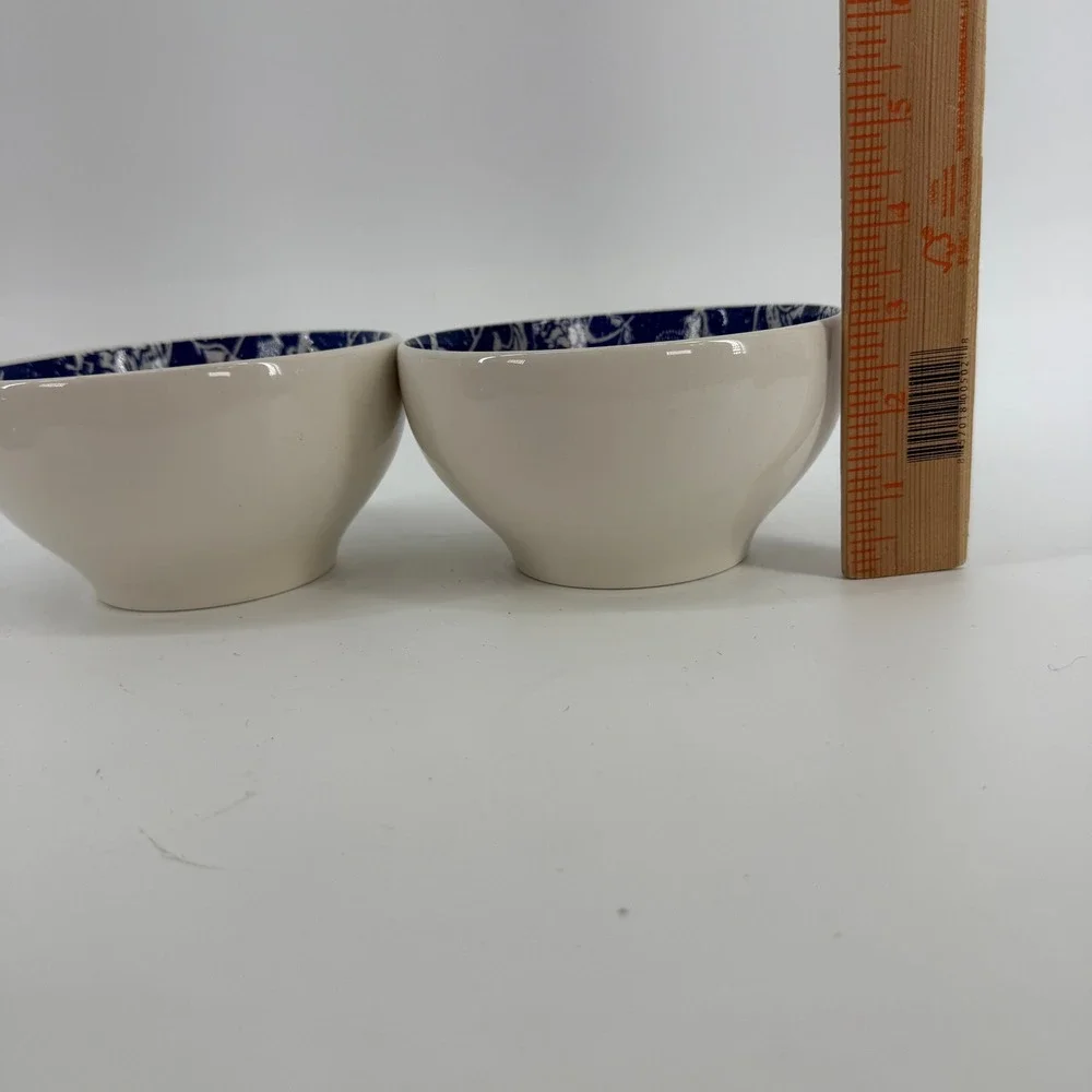 Pier 1 Batik Cereal Bowls Set of 2 Cream Navy Blue Floral Earthenware Brazil